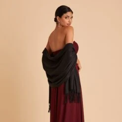 Shawl With Fringe - Black -Elegance Bridal Store BIRDY GREY CASHMERE SHAWL BLACK 03 RT CROP