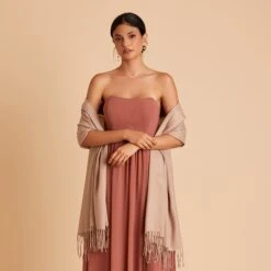 Shawl With Fringe - Taupe -Elegance Bridal Store BIRDY GREY CASHMERE SHAWL TAUPE 02 RT CROP