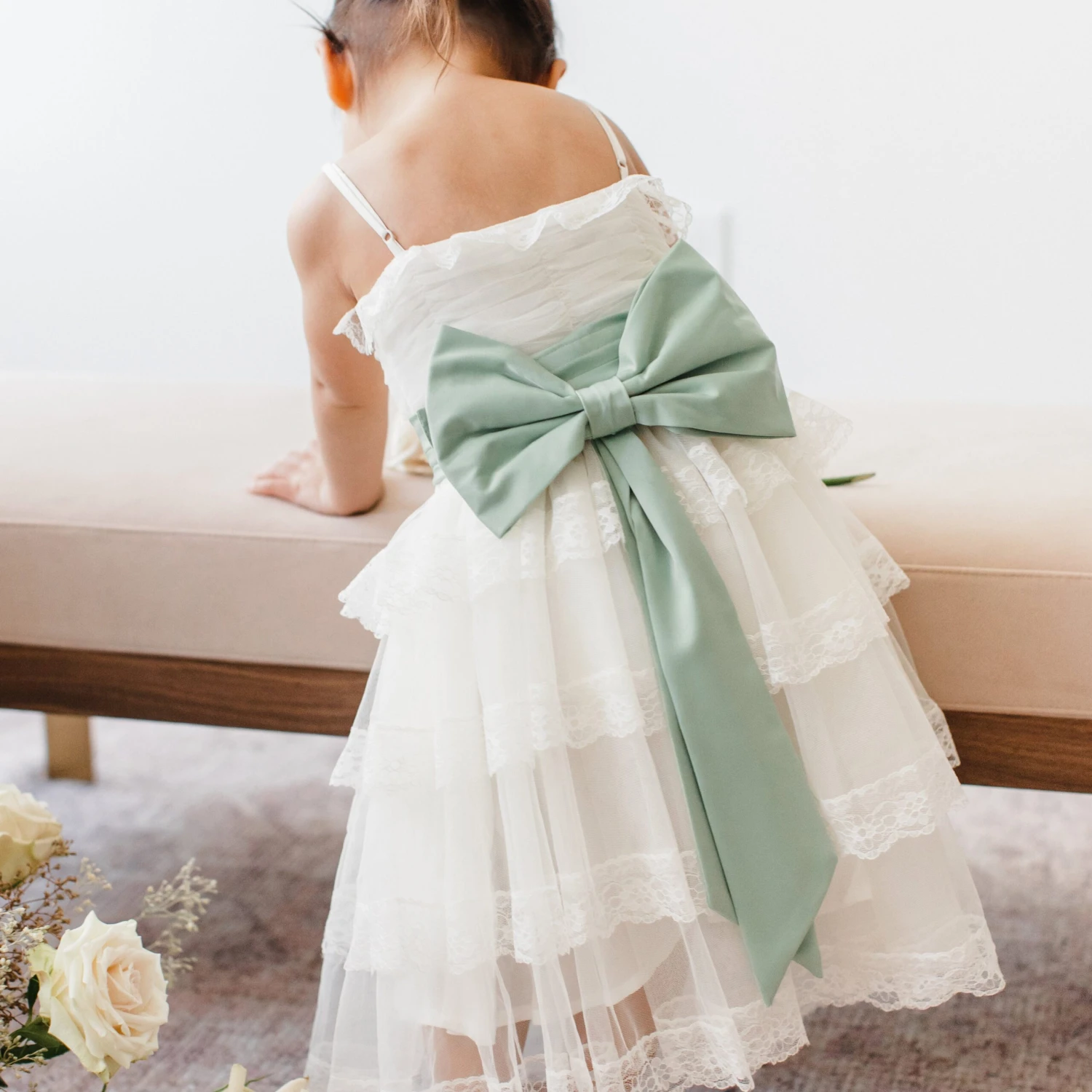 Liz Flower Girl Sash - Sheen Light Green 4 Liz Flower Girl Sash - Sheen Light Green - Image 2