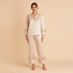 Feathered Pajama Set - Champagne 15 Feathered Pajama Set - Champagne -Elegance Bridal Store BIRDY GREY FEATHERED PJ SET TAUPE 01