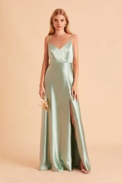 Jay Shiny Satin Dress - Sage -Elegance Bridal Store BIRDY GREY JAY SLIT BRIDESMAID DRESS SAGE 01