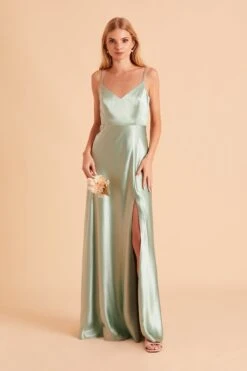 Jay Shiny Satin Dress - Sage -Elegance Bridal Store BIRDY GREY JAY SLIT BRIDESMAID DRESS SAGE 02