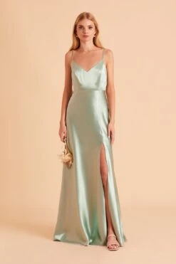 Jay Shiny Satin Dress - Sage -Elegance Bridal Store BIRDY GREY JAY SLIT BRIDESMAID DRESS SAGE 05