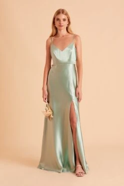 Jay Shiny Satin Dress - Sage -Elegance Bridal Store BIRDY GREY JAY SLIT BRIDESMAID DRESS SAGE 06