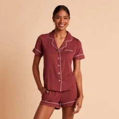 Jonny Pajama Set - Rosewood -Elegance Bridal Store BIRDY GREY JONNY PIPED PJ SET ROSEWOOD 02