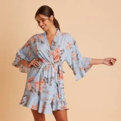 Kenny Floral Ruffle Robe - Dusty Blue Floral -Elegance Bridal Store BIRDY GREY KENNY FLORAL RUFFLE ROBE DUSTY BLUE 01