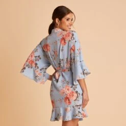 Kenny Floral Ruffle Robe - Dusty Blue Floral -Elegance Bridal Store BIRDY GREY KENNY FLORAL RUFFLE ROBE DUSTY BLUE 04