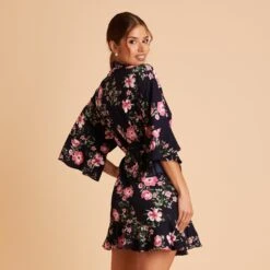 Kenny Floral Ruffle Robe - Midnight Pink Floral -Elegance Bridal Store BIRDY GREY KENNY FLORAL RUFFLE ROBE MIDNIGHT PINK 03