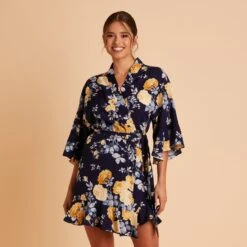 Kenny Floral Ruffle Robe - Navy Marigold 9 Kenny Floral Ruffle Robe - Navy Marigold -Elegance Bridal Store BIRDY GREY KENNY FLORAL RUFFLE ROBE NAVY MARIGOLD 02