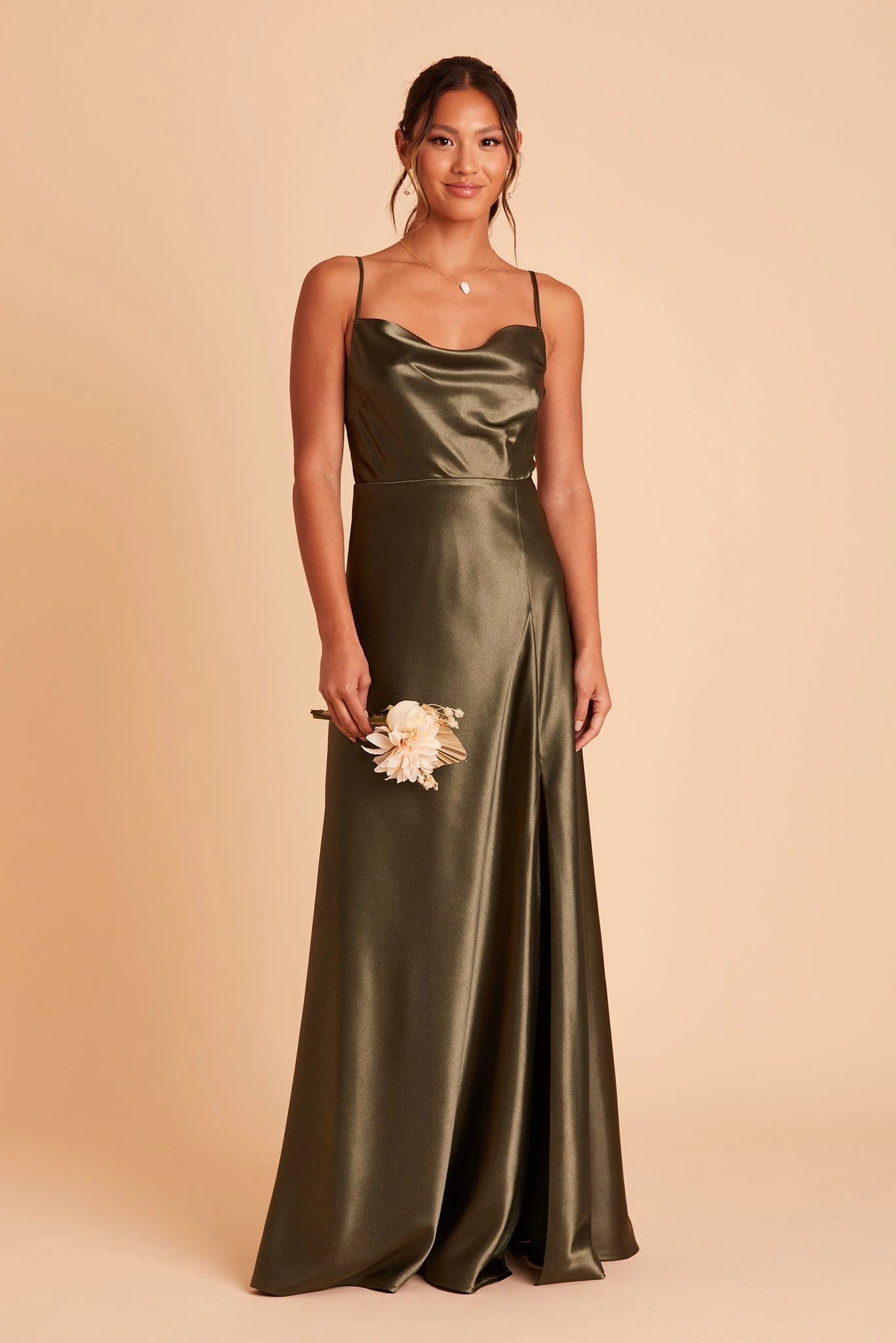 Lisa Long Shiny Satin Dress - Olive 7 Lisa Long Shiny Satin Dress - Olive - Image 5