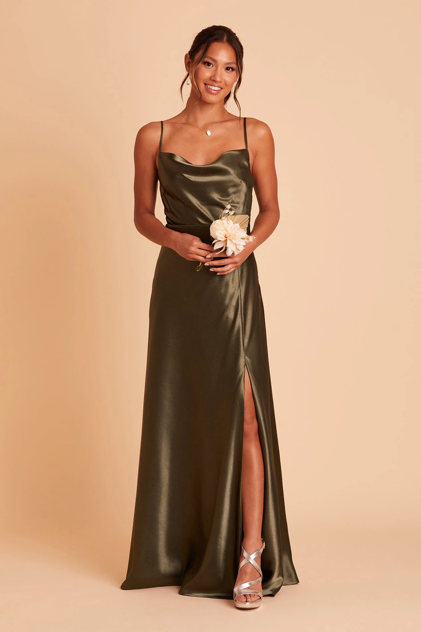 Lisa Long Shiny Satin Dress - Olive 3 Lisa Long Shiny Satin Dress - Olive