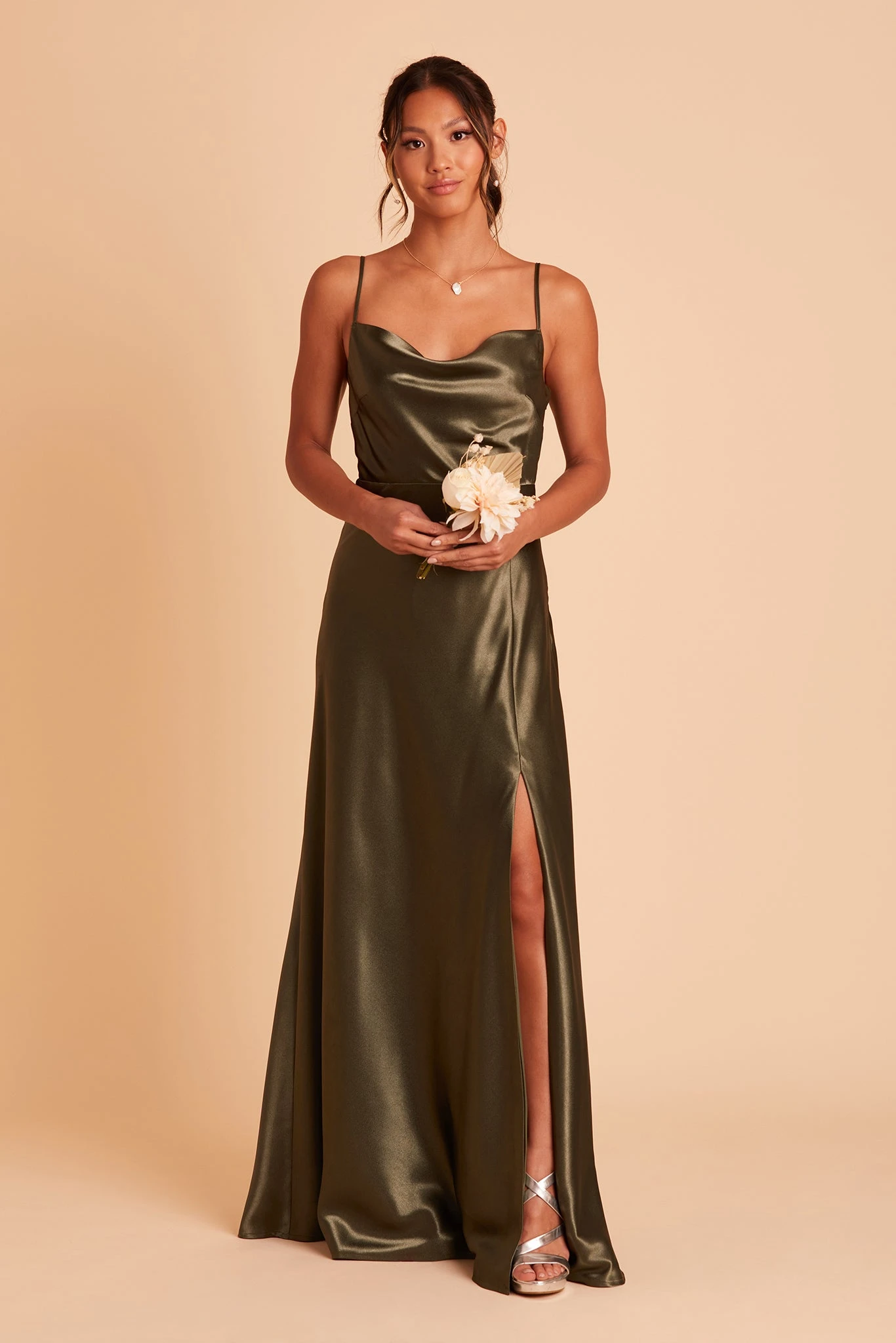 Lisa Long Shiny Satin Dress - Olive 6 Lisa Long Shiny Satin Dress - Olive - Image 4