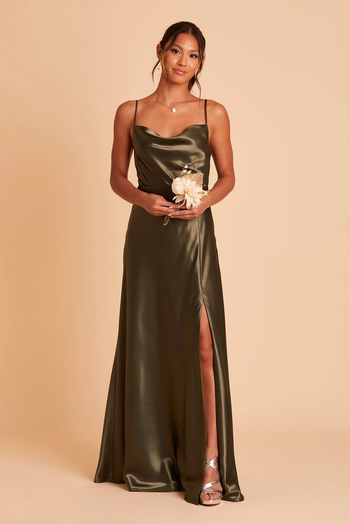 Lisa Long Shiny Satin Dress - Olive 8 Lisa Long Shiny Satin Dress - Olive - Image 6