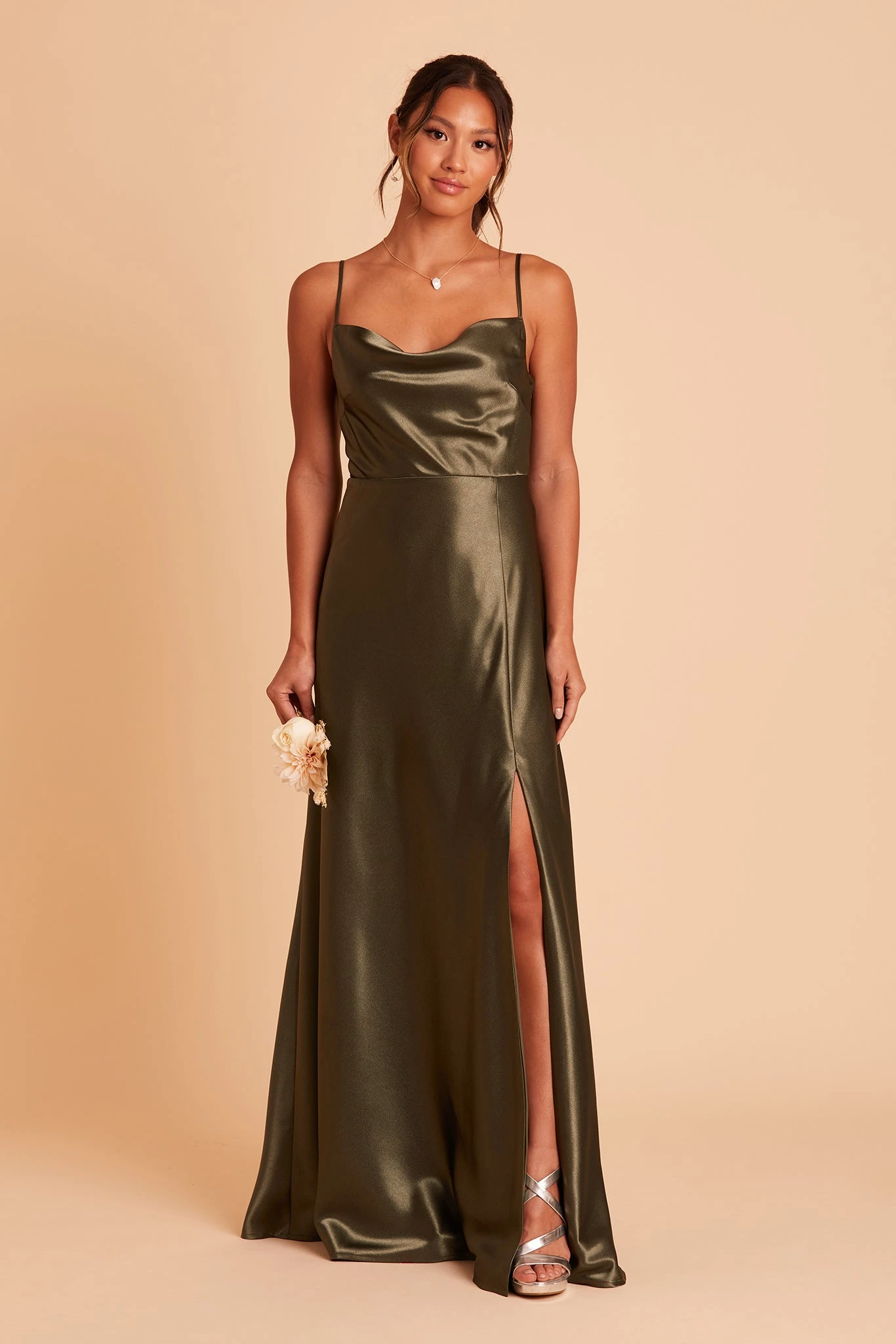 Lisa Long Shiny Satin Dress - Olive 9 Lisa Long Shiny Satin Dress - Olive - Image 7