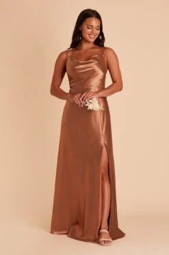 Lisa Long Shiny Satin Dress - Rust