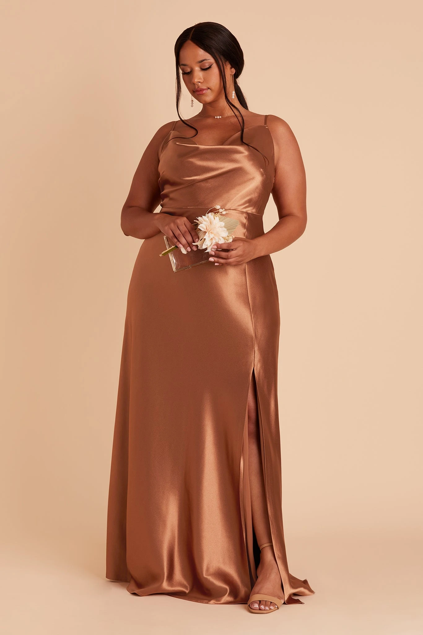 Lisa Long Shiny Satin Dress - Rust - Image 9