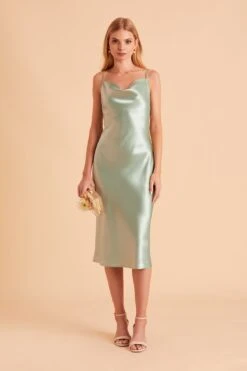 Lisa Shiny Satin Midi Dress - Sage