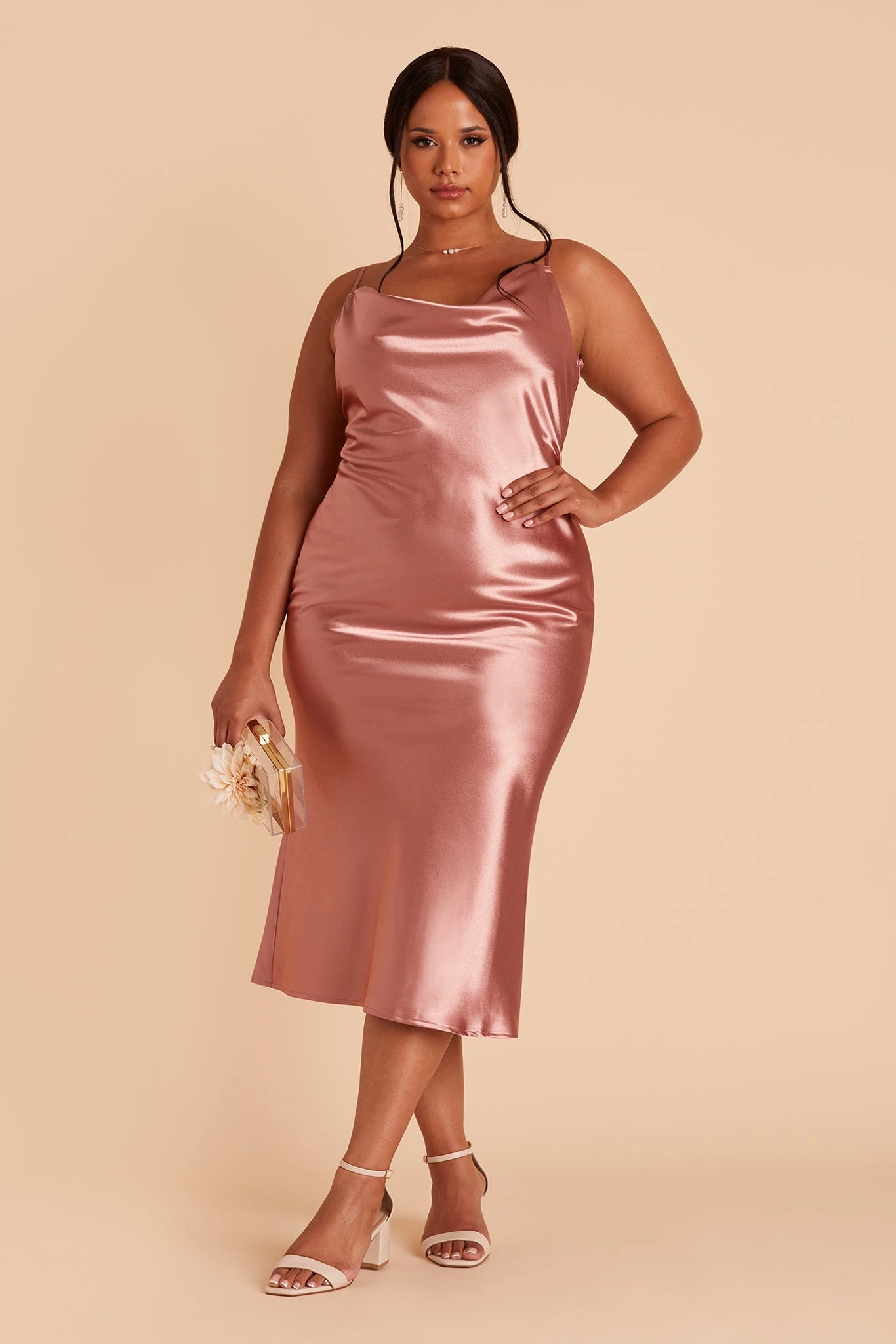 Lisa Shiny Satin Midi Dress - Desert Rose - Image 9