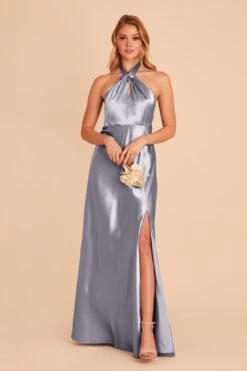 Monica Shiny Satin Dress - Dusty Blue