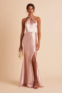 Monica Shiny Satin Dress - Rose Gold -Elegance Bridal Store BIRDY GREY MONICA SLIT BRIDESMAID DRESS ROSE GOLD 01