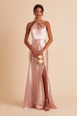 Monica Shiny Satin Dress - Rose Gold -Elegance Bridal Store BIRDY GREY MONICA SLIT BRIDESMAID DRESS ROSE GOLD 05