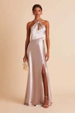 Monica Shiny Satin Dress - Taupe -Elegance Bridal Store BIRDY GREY MONICA SLIT BRIDESMAID DRESS TAUPE 01