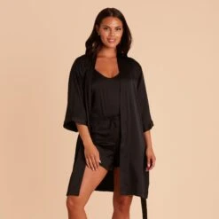 Satin Robe - Black -Elegance Bridal Store BIRDY GREY SATIN BRIDESMAID ROBE BLACK 02