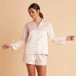 Short Satin Feathered Pajama Set - Blush 18 Short Satin Feathered Pajama Set - Blush -Elegance Bridal Store BIRDY GREY SHORT FEATHERED PAJAMAS BLUSH 04