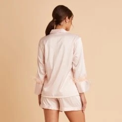 Short Satin Feathered Pajama Set - Blush 16 Short Satin Feathered Pajama Set - Blush -Elegance Bridal Store BIRDY GREY SHORT FEATHERED PAJAMAS BLUSH 05
