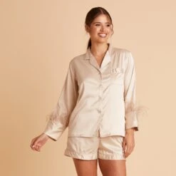 Short Satin Feathered Pajama Set - Champagne -Elegance Bridal Store BIRDY GREY SHORT FEATHERED PAJAMAS CHAMPAGNE 03