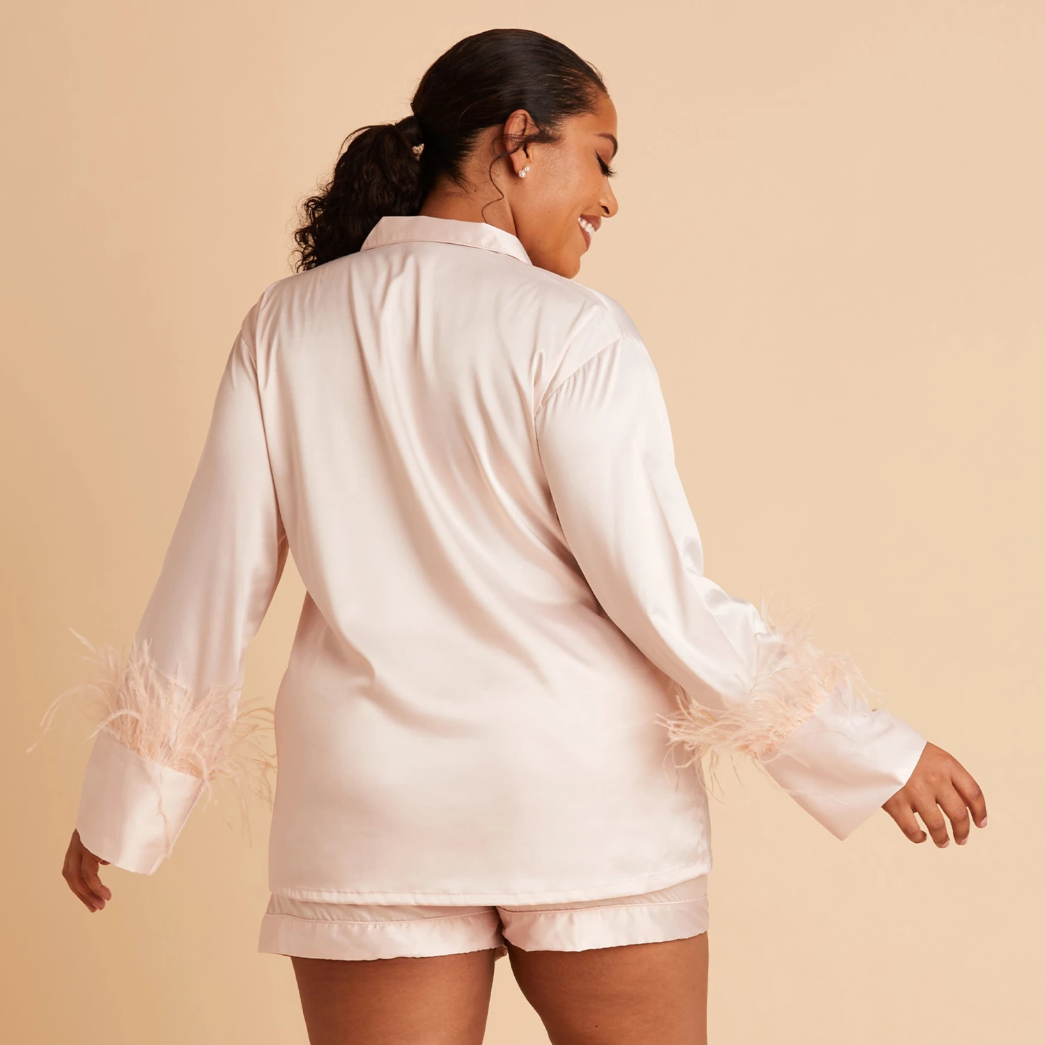 Short Satin Feathered Pajama Set - Blush 4 Short Satin Feathered Pajama Set - Blush - Image 2