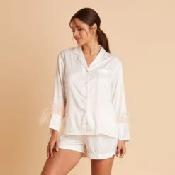 Short Satin Feathered Pajama Set - White -Elegance Bridal Store BIRDY GREY SHORT FEATHERED PAJAMAS WHITE 03