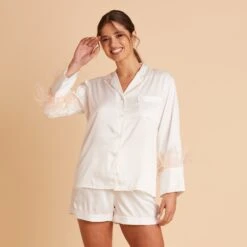 Short Satin Feathered Pajama Set - White -Elegance Bridal Store BIRDY GREY SHORT FEATHERED PAJAMAS WHITE 04