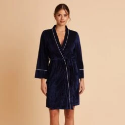 Velvet Ribbed Robe - Navy -Elegance Bridal Store BIRDY GREY VELVET RIBBED ROBE NAVY 03