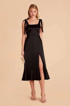 Eugenia Shiny Satin Convertible Midi Dress - Black -Elegance Bridal Store black eugenia convertible satin bridesmaid dress 01