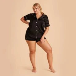 Jonny Satin Pajama Set - Black 34 Jonny Satin Pajama Set - Black -Elegance Bridal Store black jonny plus size satin short sleeve pajama top and shorts bridesmaid pajamas 01 1