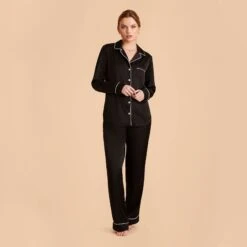 Jonny Long Sleeves And Pants Satin PJ Set - Black 20 Jonny Long Sleeves And Pants Satin PJ Set - Black -Elegance Bridal Store black jonny satin long sleeve pajama top and pants bridesmaid pajamas 01 1