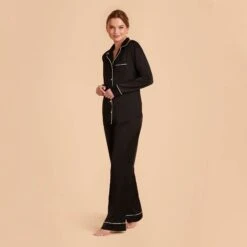 Jonny Long Sleeves And Pants Satin PJ Set - Black 27 Jonny Long Sleeves And Pants Satin PJ Set - Black -Elegance Bridal Store black jonny satin long sleeve pajama top and pants bridesmaid pajamas 02 1