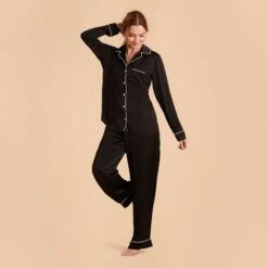 Jonny Long Sleeves And Pants Satin PJ Set - Black 22 Jonny Long Sleeves And Pants Satin PJ Set - Black -Elegance Bridal Store black jonny satin long sleeve pajama top and pants bridesmaid pajamas 03 1