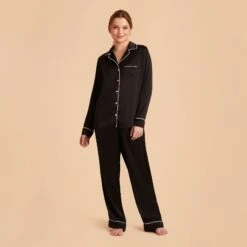 Jonny Long Sleeves And Pants Satin PJ Set - Black 24 Jonny Long Sleeves And Pants Satin PJ Set - Black -Elegance Bridal Store black jonny satin long sleeve pajama top and pants bridesmaid pajamas 06 1
