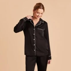 Jonny Satin Long Sleeve Pajama Top - Black -Elegance Bridal Store black jonny satin long sleeve top bridesmaid pajamas 03