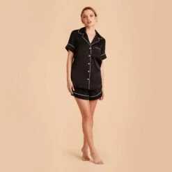 Jonny Satin Pajama Set - Black 24 Jonny Satin Pajama Set - Black -Elegance Bridal Store black jonny satin short sleeve pajama top and shorts bridesmaid pajamas 04