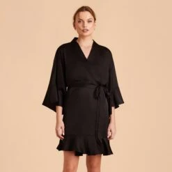 Kenny Ruffle Satin Robe - Black -Elegance Bridal Store black kenny satin ruffle bridesmaid robes 01