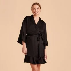 Kenny Ruffle Satin Robe - Black