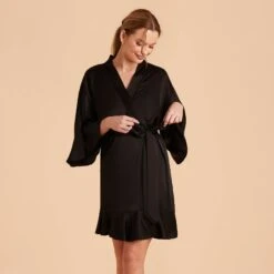 Kenny Ruffle Satin Robe - Black -Elegance Bridal Store black kenny satin ruffle bridesmaid robes 04
