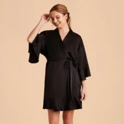 Kenny Ruffle Satin Robe - Black -Elegance Bridal Store black kenny satin ruffle bridesmaid robes 05