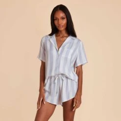 Eddie Pajama Set - Blue Stripe -Elegance Bridal Store blue striped eddie bridesmaid pajamas set 03