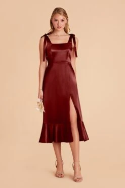 Eugenia Shiny Satin Convertible Midi Dress - Cabernet -Elegance Bridal Store cabernet eugenia convertible satin bridesmaid dress 01