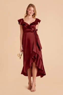 James Shiny Satin Midi Dress - Cabernet -Elegance Bridal Store cabernet james satin bridesmaid dress 02