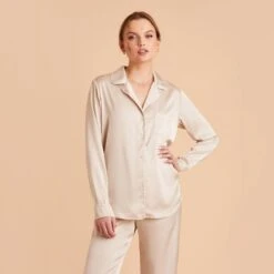 Jonny Satin Long Sleeve Pajama Top - Champagne